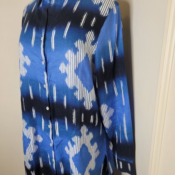 Chico's Dresses & Skirts - Chicos Womens Blue White Ikat Print Linen Button-Down shirt dress 12/14 tunic